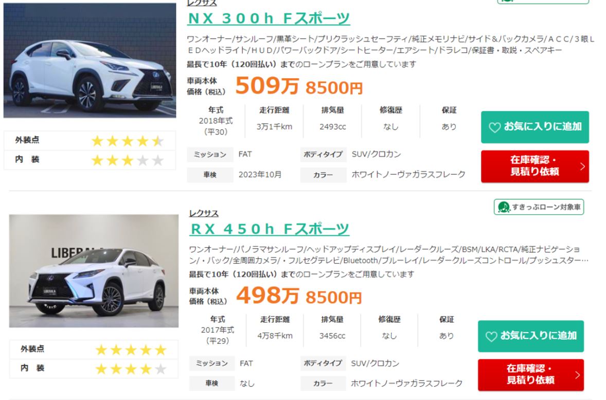 ガリバーレクサスの中古車価格