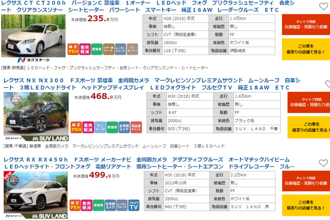 ネクステージレクサスの価格相場事例