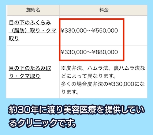 共立美容外科のクマ取りの料金