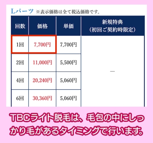 TBCの都度払いの脱毛の料金