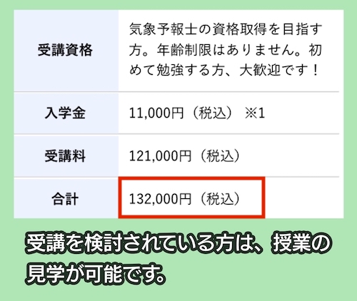 テレビ朝日アスクの気象予報士養成学科の料金相場