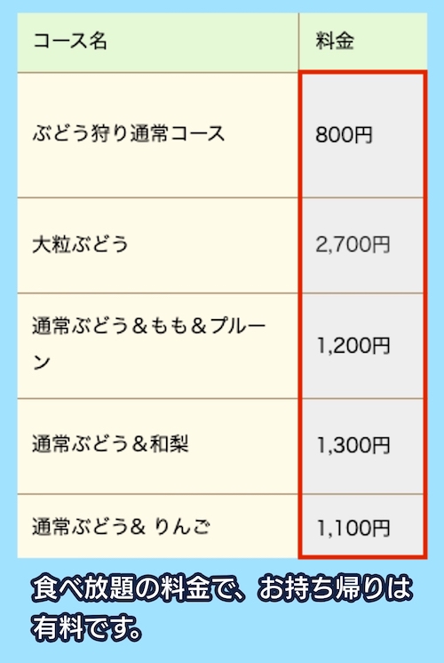 上山観光フルーツ園の料金相場