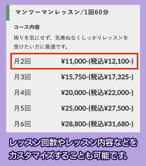 ボーカルレッスンミュウ「マンツーマンレッスン月2回」の料金