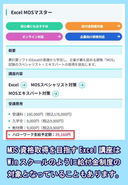 Winスクールの給付金対象の講座