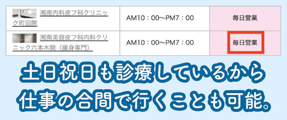 湘南美容皮フ科内科クリニックの営業時間