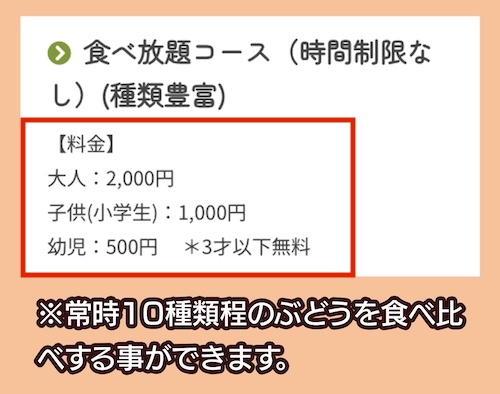 ぶどう狩りの自由園の料金相場