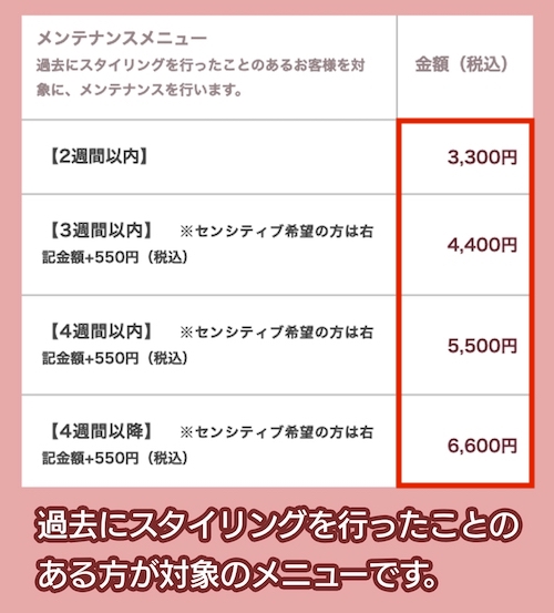 アイブロウ専門店エサージュのメンテナンスメニュー