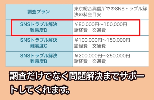 東京総合興信所「SNSトラブル解決」の依頼費用