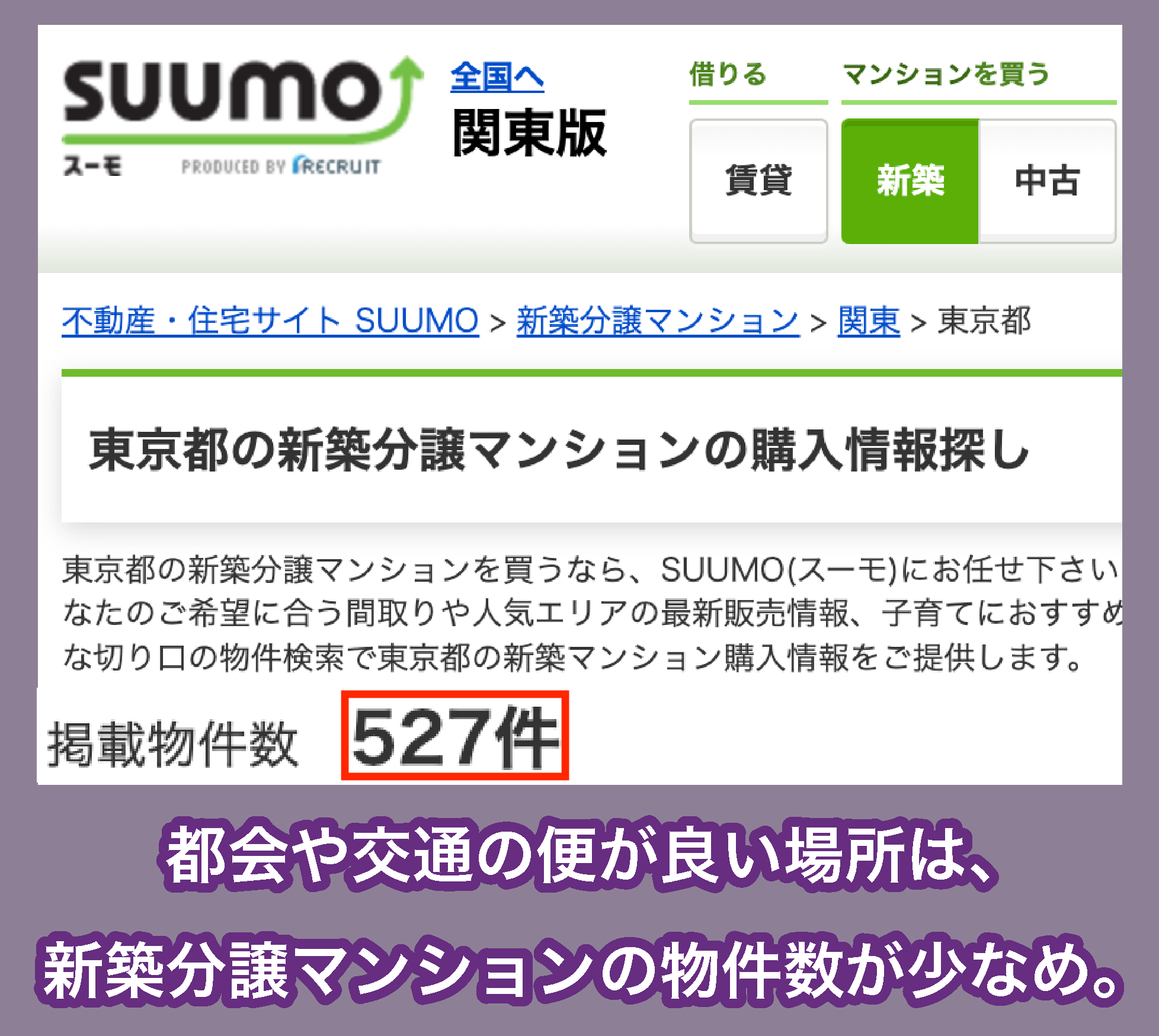 東京都の新築分譲マンションの掲載物件数