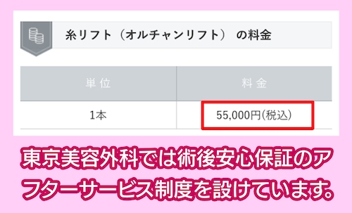 東京美容外科の糸リフトの料金