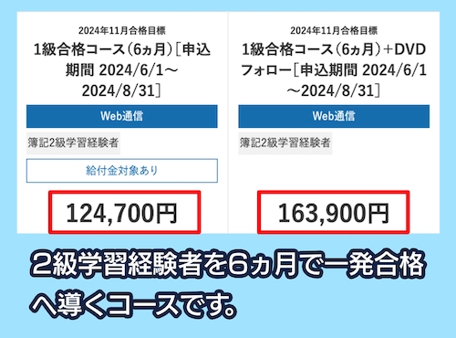 資格の大原の1級合格コースの料金相場