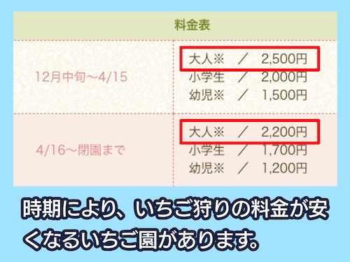 いちご畑 時期により料金が安くなる