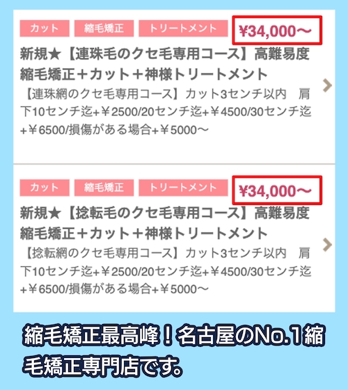 高難易度縮毛矯正美容専科の料金相場